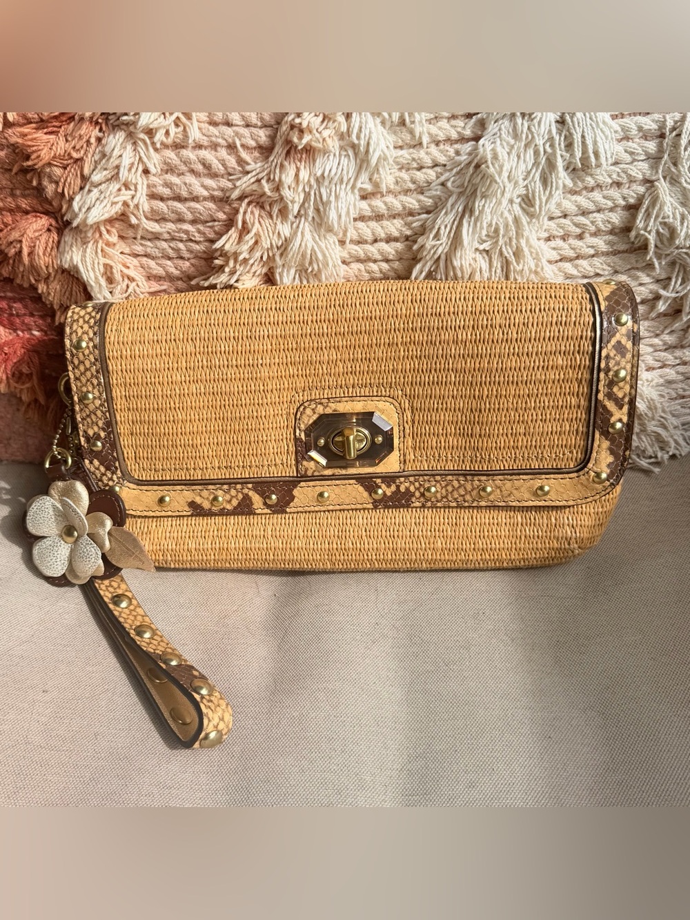 Coach Woven Straw Clutch Bag in Natural Tan